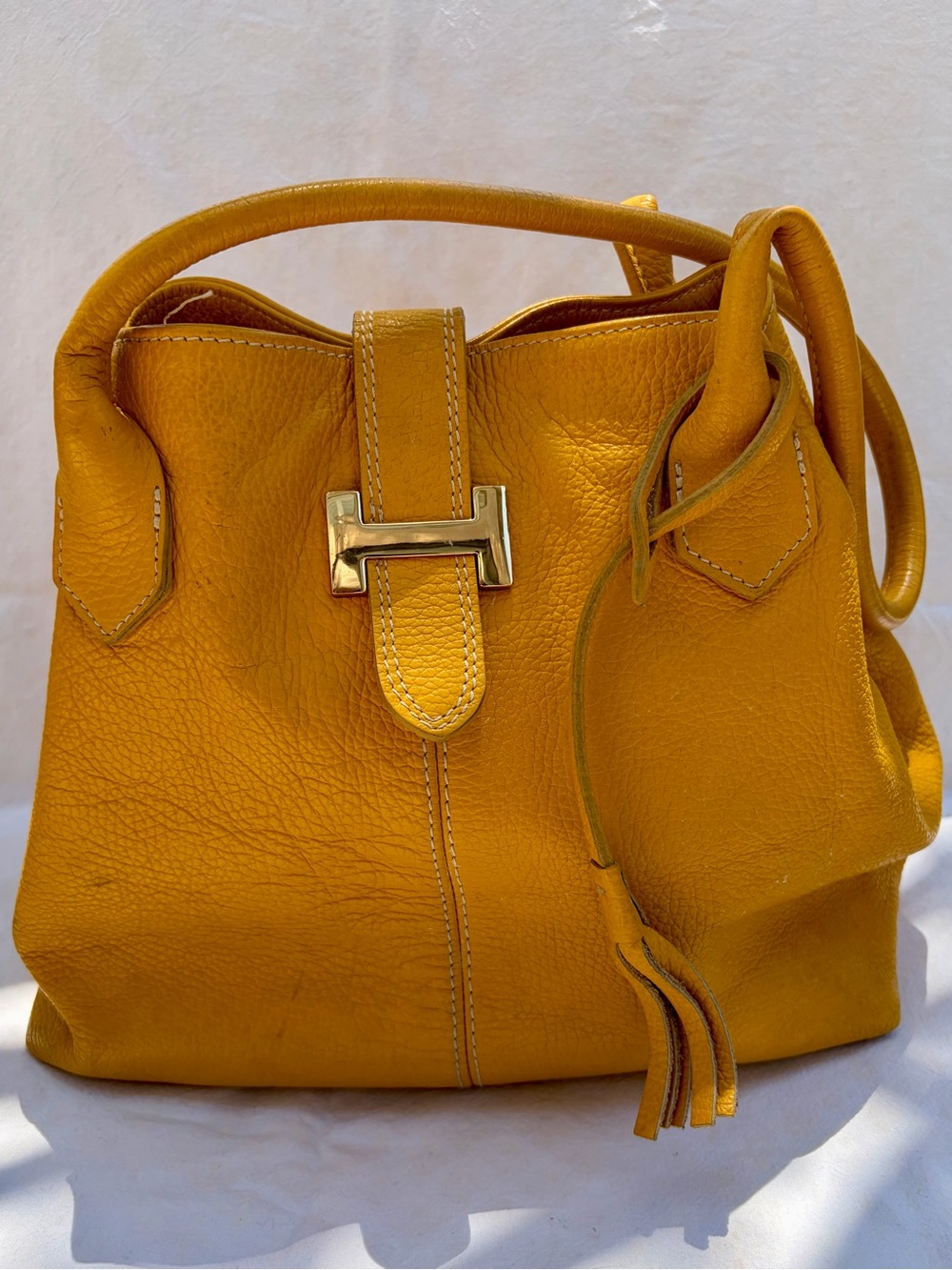 Italian Pebbled Yellow Leather Tote Handbag with Gold “H” Hardware